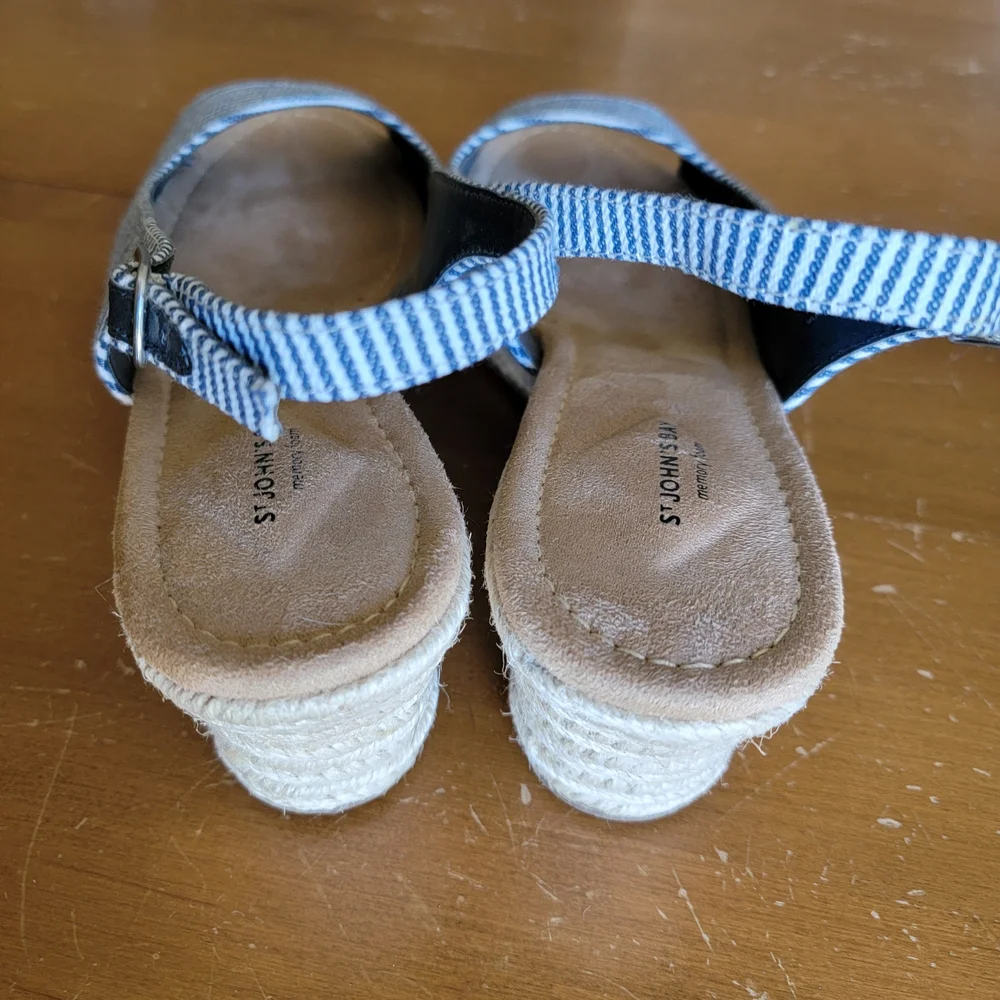 St John's Bay Blue Striped Lawson Wedge Open Toe Sandals Size 10